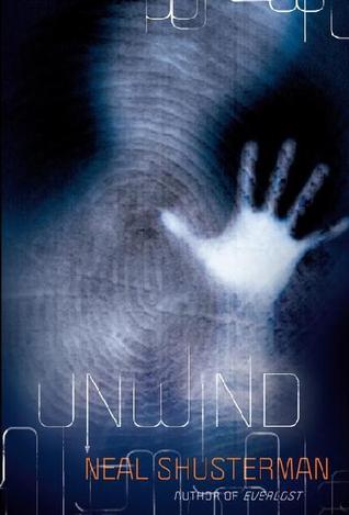 The cover of Unwind. A hand presses out against a black background, There is a vague silhouette of a person, which is creates out of a thumb print.