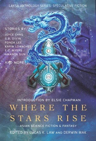 A book cover showing a blue dragon wrapped around a space rocket floating in a sky of clouds, stars and patterned silk.