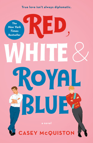 Red, White & Royal Blue book cover (a cartoon image of two boys leaning in opposite directions)