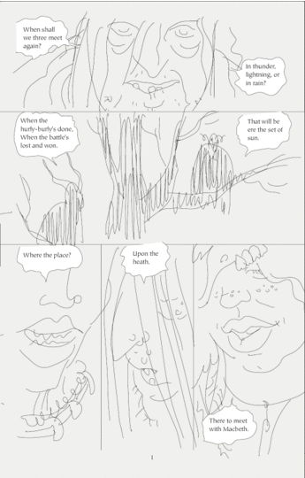 This looping animation shows the different stages of drawing and coloring a page of Macbeth