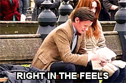 When the Doctor finally says goodbye to the Ponds. < when Karen sat at side of him off camera to read --- so here we are you and i .. look at her face when Matt cries ... awwwww!