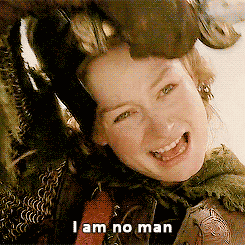 An animated gif of Eowyn from Lord of The Rings taking off her helmet and saying, 