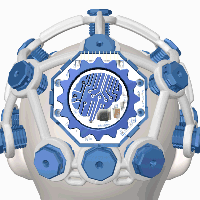 The Ganglion board mounted in the Mark IV headset. Exploding out of the Mark IV are the electrode nodes.