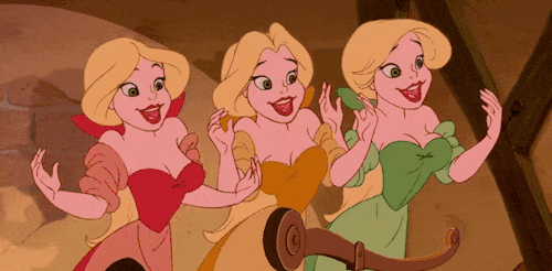 Triplets from Beauty and the Beast swooning and fanning themselves in love.