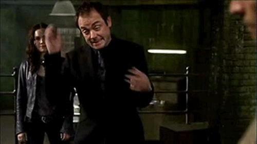 SPNG Tags: Crowley / doing what appears to be a T-rex on dope dance / fangirling / while Meg watches / smirking A special thanks to thesufferinghero for helping me find this one! Also, thanks, mudzeh, for submitting the black and white one! Looking...
