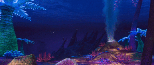 Moana Story Analysis: In the dark, neon lit under water realm of monsters, Moana is approached by the creepy, odd-moving masked creature.