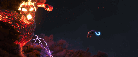 Moana Story Analysis: Maui leaps into the air with his hook and colides with the fist of the giant lava goddess Te Ka.
