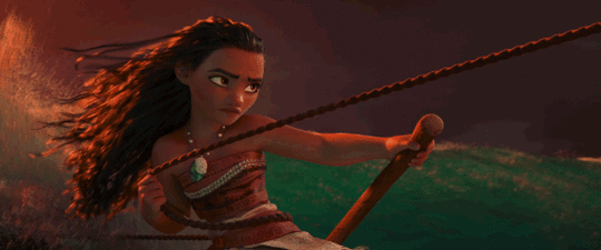 Moana Story Analysis: As the sun sets, Moana sails her boat over the waves with a look of determination on her face.