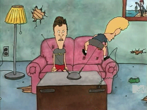 Beavis and Butthead on their couch. Beavis is kind of combination twerking/air humping the back of the couch.
