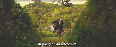 GIF of Bilbo Baggins running out of the Shire saying I'm going on an adventure!