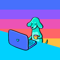 Happy dachshund checking email on a computer in front of a rainbow background.