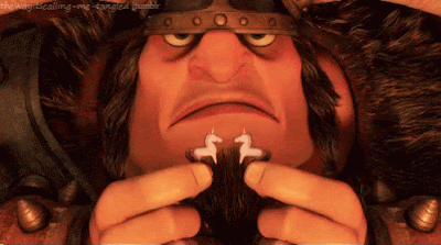 Gif of the big scary guy from Tangled clinking to mini unicorn figures together and smiling.