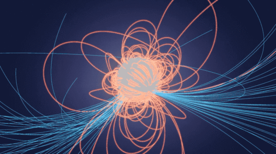 Simulación de una posible configuración de campo magnético cuadripolar para un púlsar con puntos calientes solo en el hemisferio sur. Créditos: NASA/GSFC