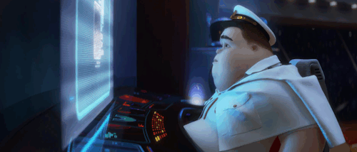 Wall-E captain researching Earth