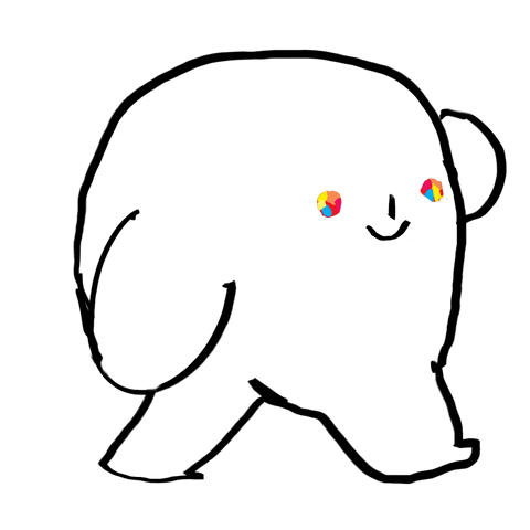 walking cartoon with blinking rainbow eyes