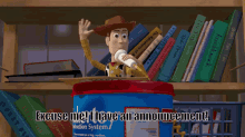 Gif from Toy Story of Woody saying into a microphone,