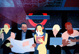 An animation of five commuters sitting in a tube carriage. One is talking in a phone, one is reading a paper, two are reading books, and one is using a laptop.