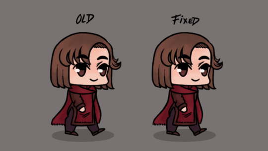 Two animations of a chibi character walking. Above each there is text, the one of the left reads "old" and the one on the right reads "new". The character is Fel (he/him). He has fair skin, brown hair coming down to his chin, and brown eyes. He is wearing a red cloak, dark brown robes underneath, dark leggings, and brown cloth shoes. The main difference between both animations is the movement of the cloak. The version on the right, the new one, shows a more natural movement of the cloak.