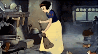 An animated Snow White from the classic Disney film is using a broom to sweep the dust from the kitchen.