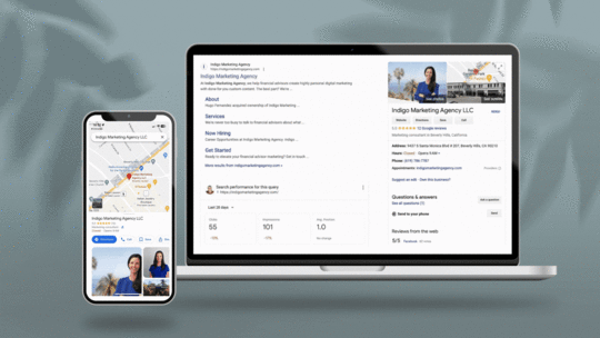 A laptop and phone displaying a Google Business Profile with high ratings and reviews, symbolizing online success for businesses.