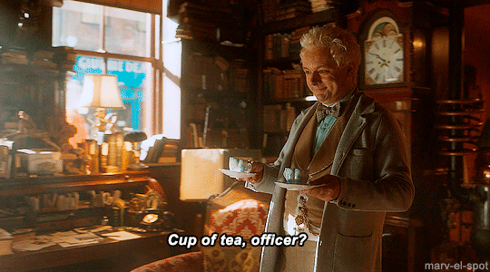 Aziraphale offering a cup of tea
