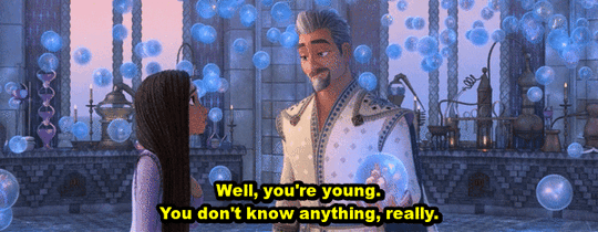 A scene from Disney's Wish (2023), which will be played out in the following alternating images. King Magnifico says to Asha, "Well, you're young. You don't know anything, really."