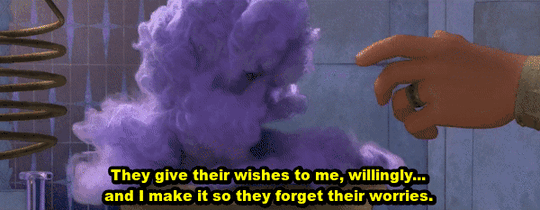 Magnifico magically pulls smoke from his potion, saying, "They give their wishes to me, willingly... and I make it so they forget their worries."
