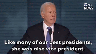 Joe Biden, wearing a suit at the podium, says, 'Like many of our best presidents, she was also vice president.' Then he smiles at the crowd.
