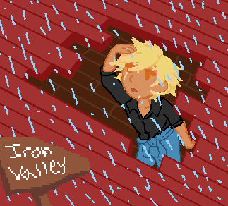 A gif of Pancake, a blond tan farmer, looking up at a hole in a red roof as rain and thunder come down