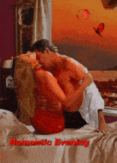 a couple kissing on a bed with the words romantic evening