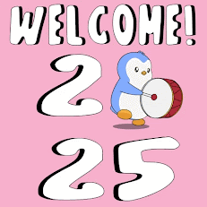 A small, cute, animated penguin is banging a drum that's as big as its body, with large figures around it that spell out, Welcome 2025.