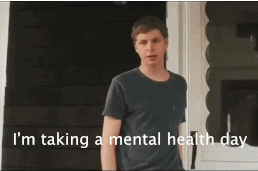 Michael Cera (in Nick and Norah's Infinite Playlist) is standing outside his front door, trying to get back inside. He's wearing PJs, and says to someone off camera, 'I'm taking a mental health day.'
