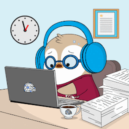 A cute animated penguin is sitting at a laptop, typing furiously away. The hand on the clock on the wall are spinning around to indicate time is passing. The penguin looks increasingly fraught.