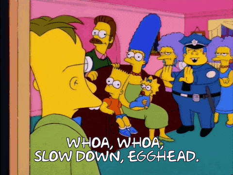 a cartoon of bart simpson holding a baby with the words whoa whoa slow down egghead