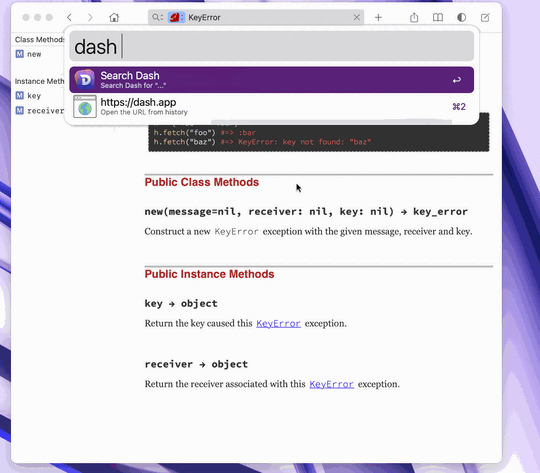 Animated gif showing Alfred pop up as a text field above Dash, 'min-height' being typed in, and Dash showing the MDN documentation for 'min-height'