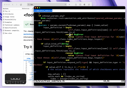 Animated gif showing vim editing Ruby code. The cursor moves to the class KeyError, then hits 'K'. Dash shows up showing a search result for all Ruby libraries that have KeyError listed