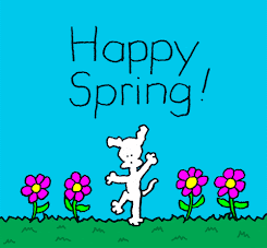An animated white cartoon dog is standing on its hind legs and dancing amid the spring flowers.