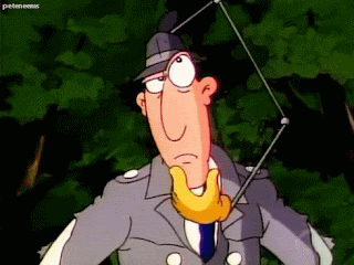 An animation of the cartoon character Inspector Gadget in a grey Mac and hat, scratching his chin with a gloved hand on a spring that's popped out of his hat.