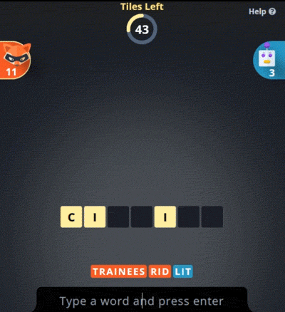 An animation of gameplay in Pilfer, a word game.