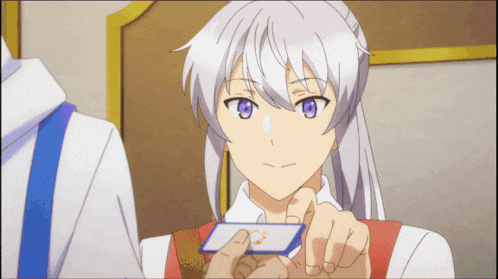 a girl with white hair and purple eyes is holding a card that says ' a ' on it