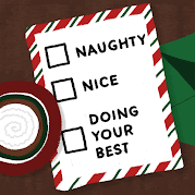 An animated Santa is making a checklist. We see his arm ignore the Naughty and Nice boxes and instead tick Doing Your Best.