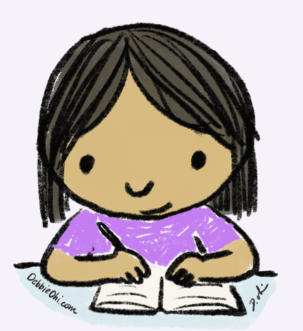 An animated girl, with bobbed dark hair and wearing a purple top, is conscientiously writing in a book.