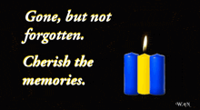 a black background with three blue and yellow candles and the words 