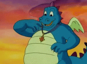 a cartoon dragon is wearing a necklace and smiling