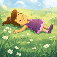 A cartoon girl, lying back on the grass, under a tree, with her arms spread out. She has her eyes closed and is breathing out contentedly.