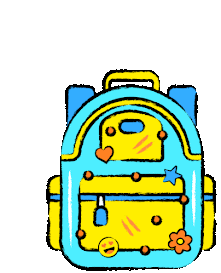 An animated backpack with school supplies jumping out of it.