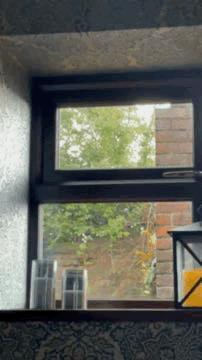 Rain falling down outside, as viewed from a window indoors.