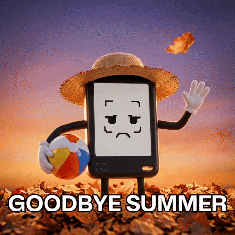 A cartoonish character resembling a smartphone, wearing a straw hat, is waving goodbye while holding a beach ball, with autumn leaves in the background and the text 'GOODBYE SUMMER' displayed.
