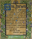 This is an irreverent reprisal of the Lord's Prayer, which I wrote for all of us diehard Discworld fans. It is illuminated with Celtic knots interwoven with 14 Discworld characters (More, if you count the Nac Mac Feegle). It is surmounted by the crest of Ankh-Morpork and sits above the White Horse of the Chalk. It reads, in heavy Gothic script,
"Our Author, who art in England, Pratchett be thy name
Thy wisdom come, thy wit be done on Earth, as it is in Discworld. Give us this day our daily read, and forgive us our misquotes as we forgive those who misquote against us. And lead us all into Ankh-Morpork, but deliver us from Thieves' Guild
For thine is the humour
and the satire
and the story
Forever and ever
Omen