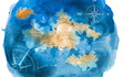 Blue watercolors cover a map